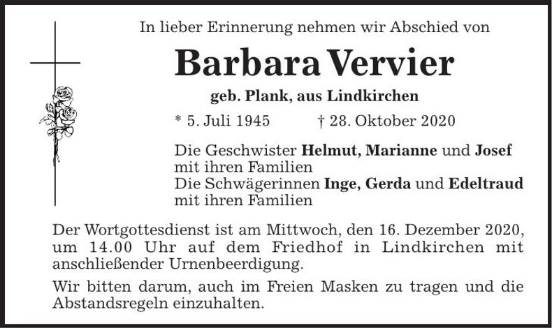 Traueranzeige Barbara Vervier