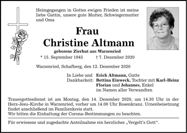 Traueranzeige Christine Altmann