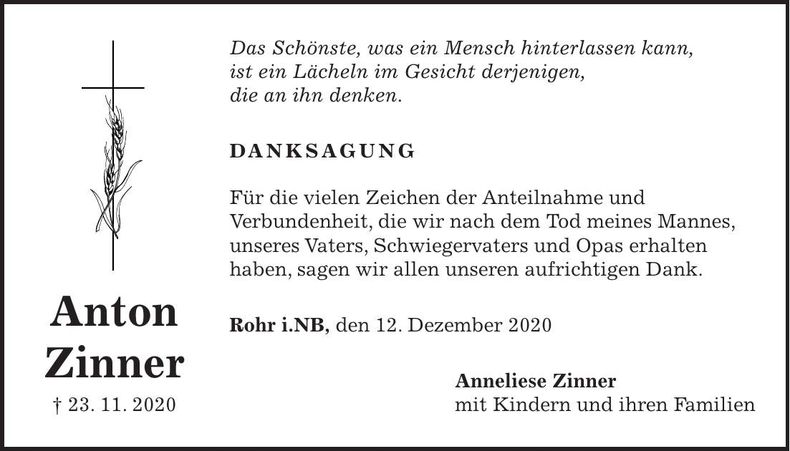Traueranzeige Anton Zinner