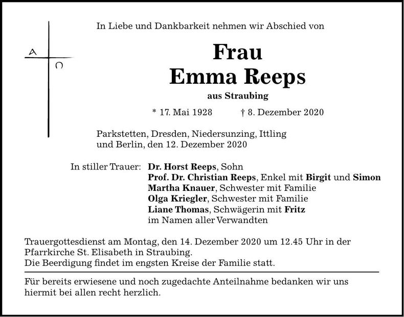 Traueranzeige Emma Reeps