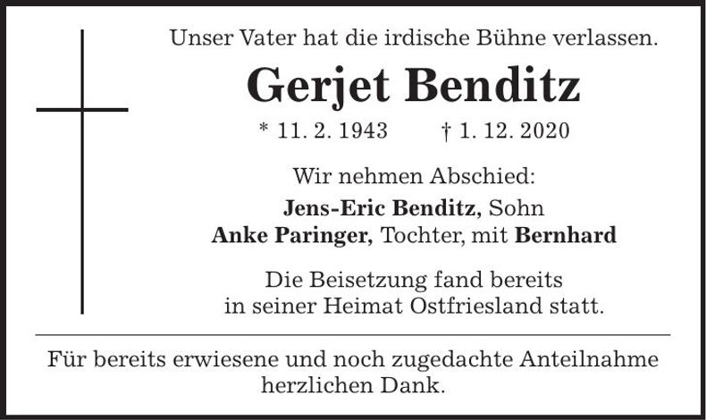 Traueranzeige Gerjet Benditz
