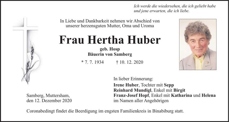 Traueranzeige Hertha Huber