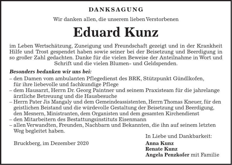 Traueranzeige Eduard Kunz