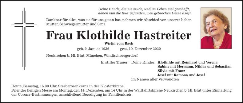 Traueranzeige Klothilde Hastreiter