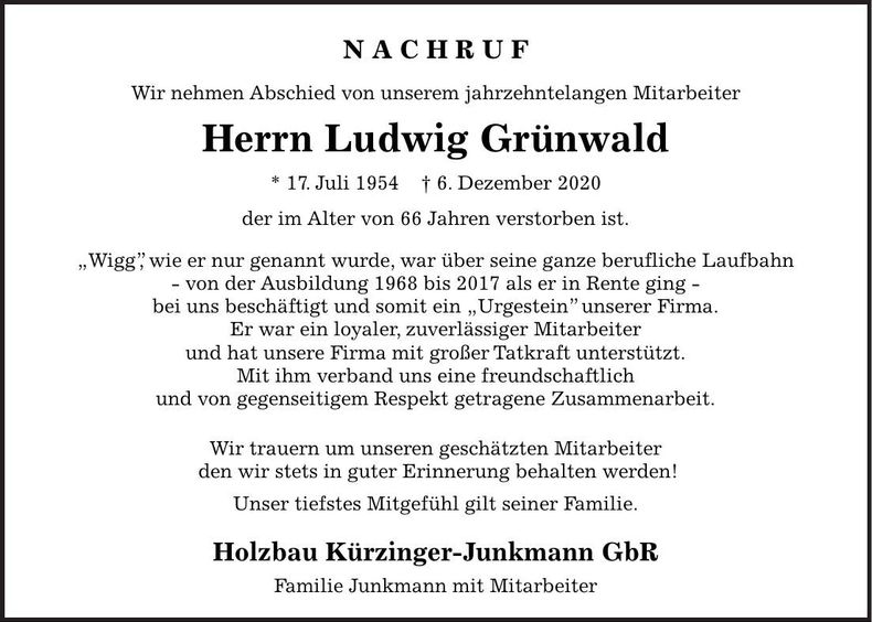 Traueranzeige Ludwig Grünwald