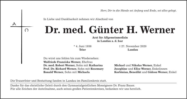 Traueranzeige Dr. med. Günter H. Werner
