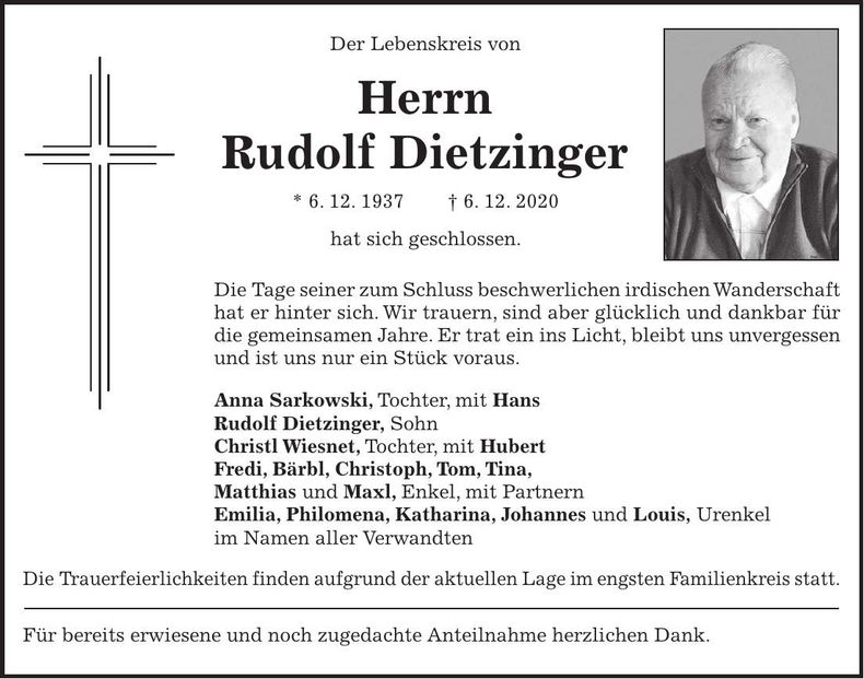 Traueranzeige Rudolf Dietzinger