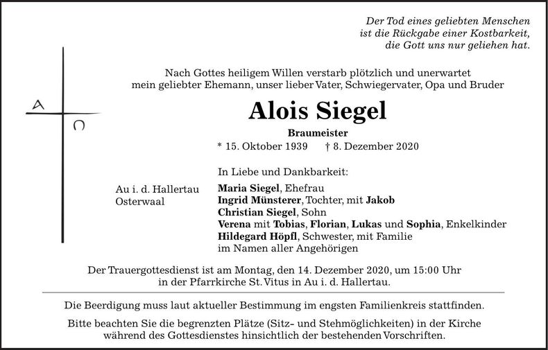 Traueranzeige Alois Siegel