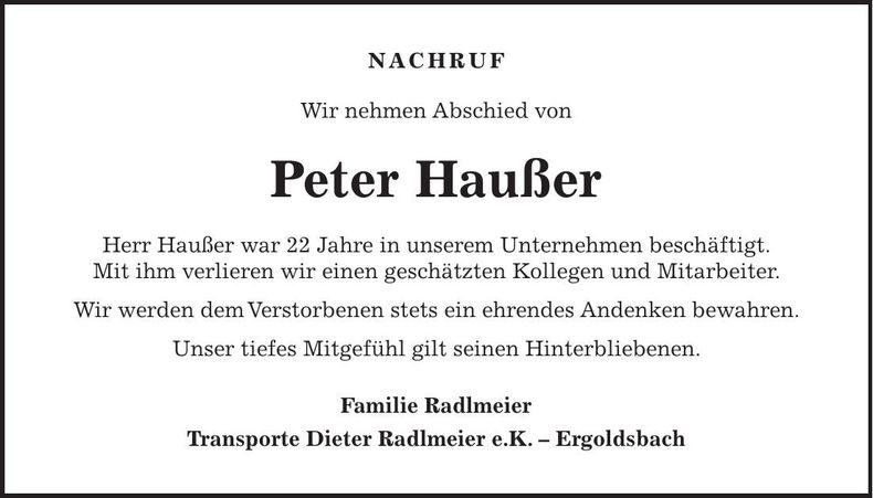 Traueranzeige Peter Haußer