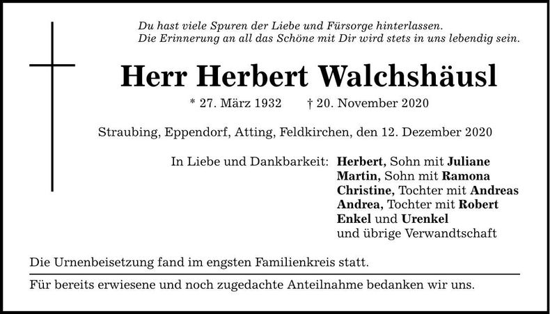 Traueranzeige Herbert Walchshäusl