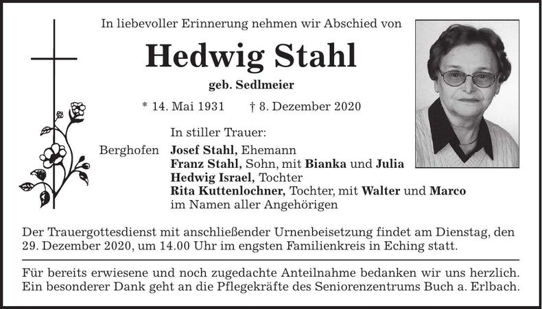 Traueranzeige Hedwig Stahl