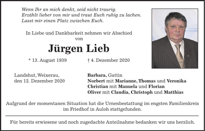 Traueranzeige Jürgen Lieb
