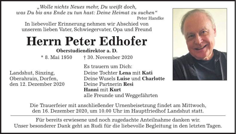 Traueranzeige Peter Edhofer
