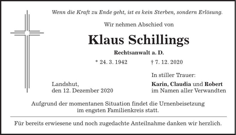 Traueranzeige Klaus Schillings