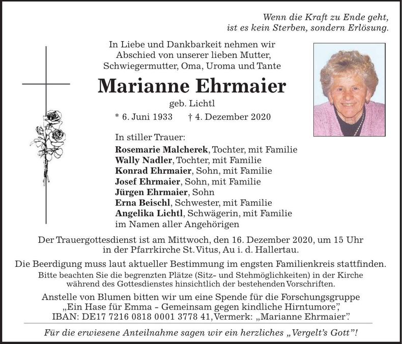 Traueranzeige Marianne Ehrmaier