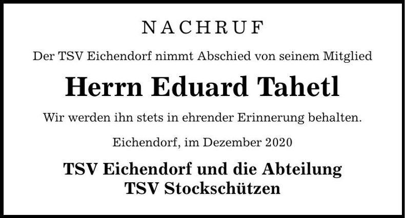 Traueranzeige Eduard Tahetl