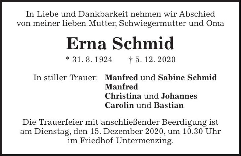 Traueranzeige Erna Schmid