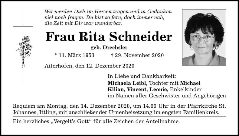 Traueranzeige Rita Schneider