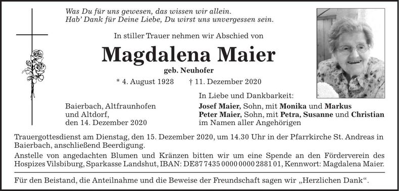 Traueranzeige Magdalena Maier