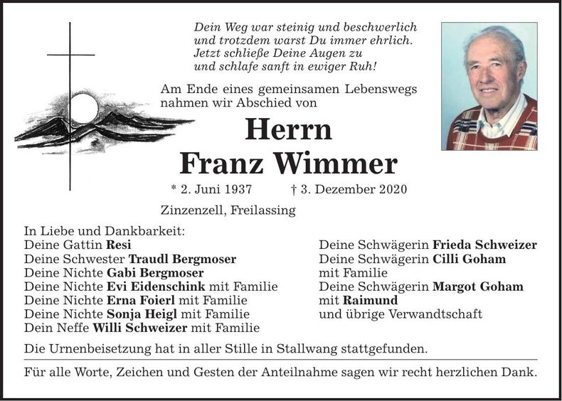 Traueranzeige Franz Wimmer
