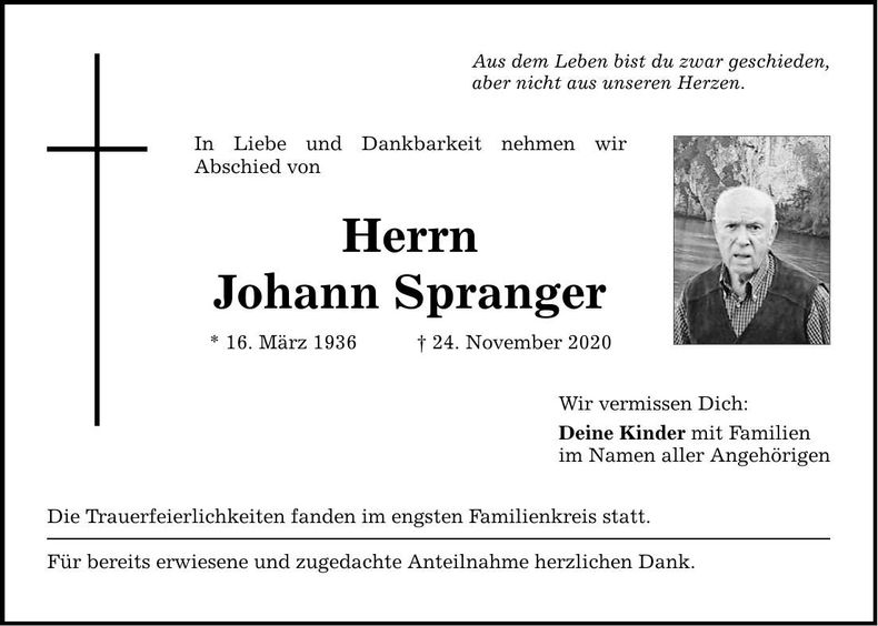 Traueranzeige Johann Spranger