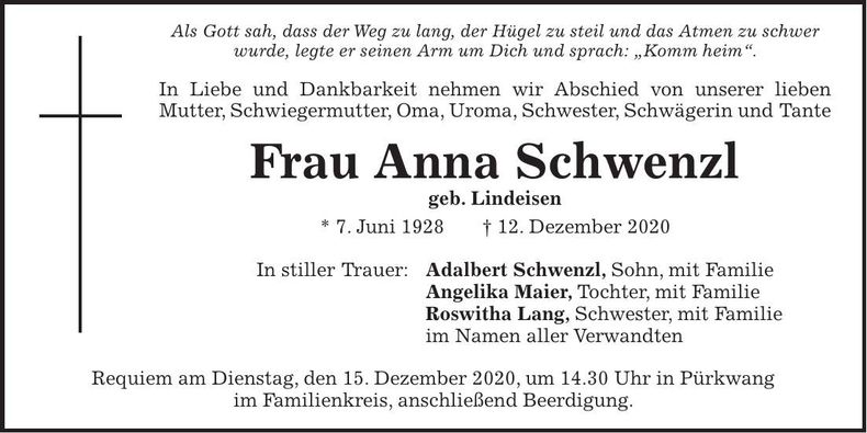 Traueranzeige Anna Schwenzl