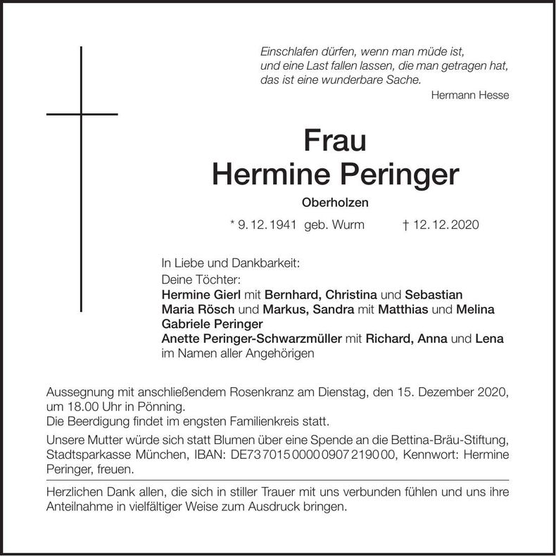Traueranzeige Hermine Peringer