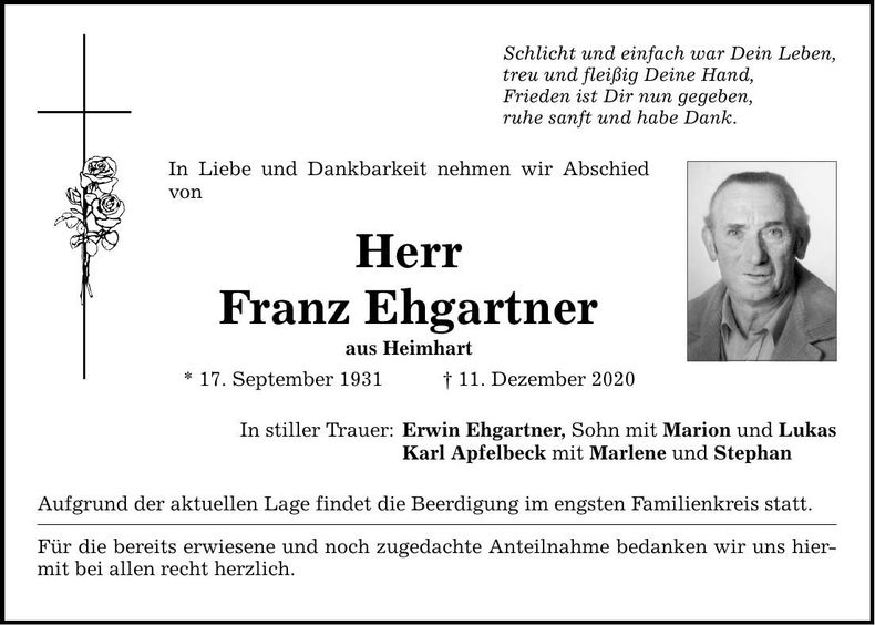 Traueranzeige Franz Ehgartner