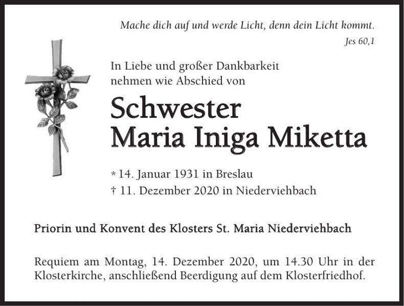Traueranzeige Maria Iniga Miketta