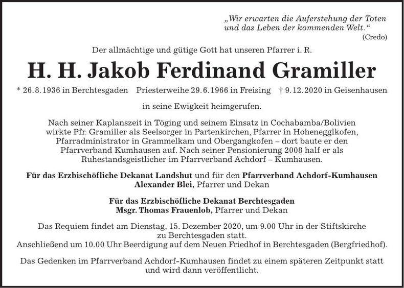 Traueranzeige Jakob Ferdinand Gramiller