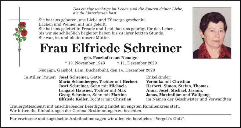 Traueranzeige Elfriede Schreiner