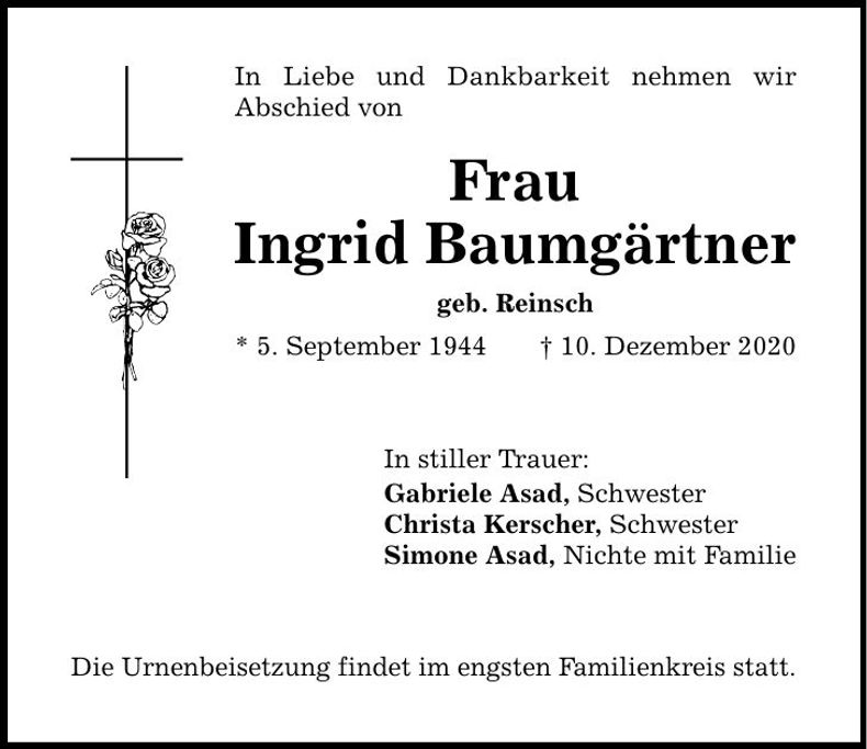 Traueranzeige Ingrid Baumgärtner