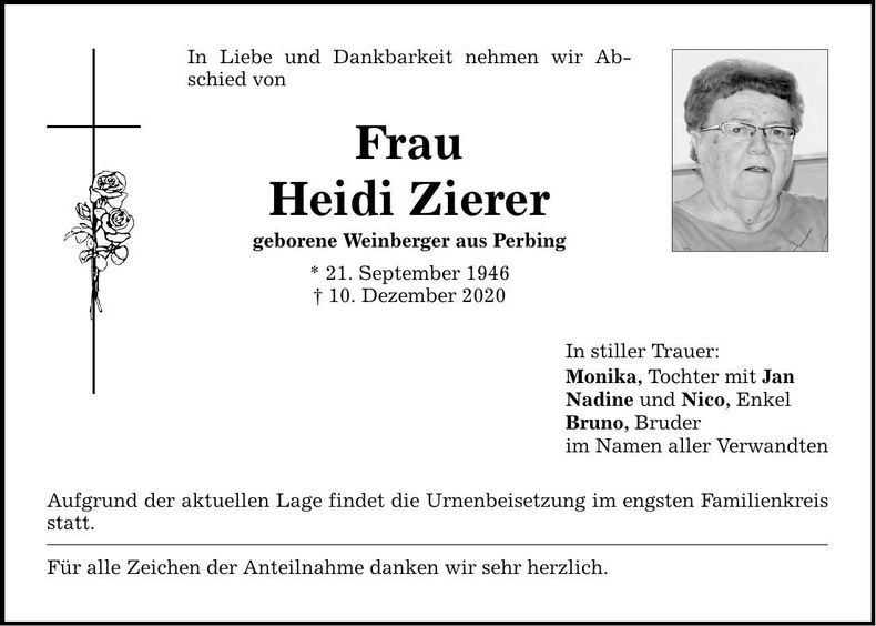 Traueranzeige Heidi Zierer