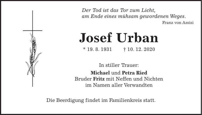Traueranzeige Josef Urban