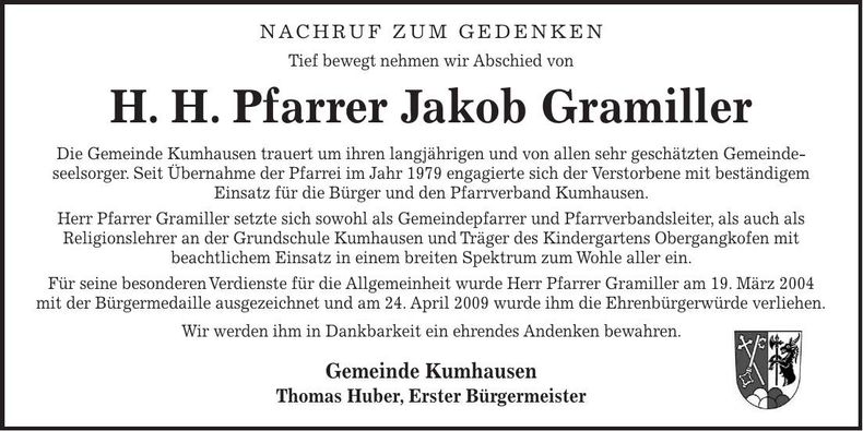 Traueranzeige Jakob Gramiller