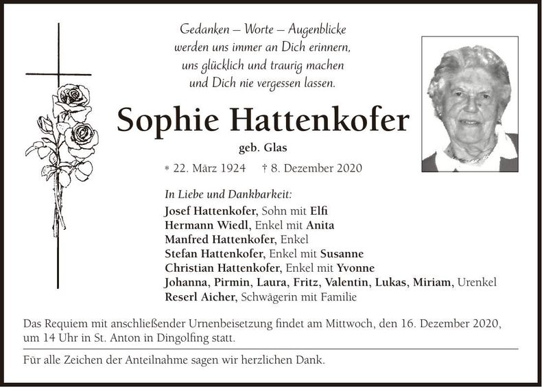 Traueranzeige Sophie Hattenkofer
