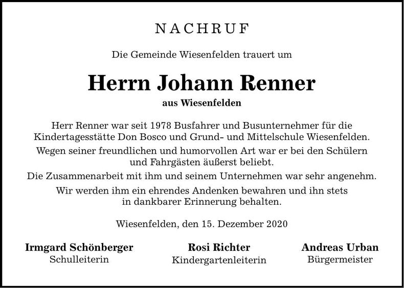 Traueranzeige Johann Renner