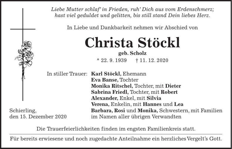 Traueranzeige Christa Stöckl