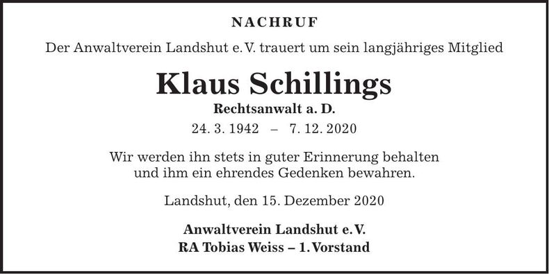 Traueranzeige Klaus Schillings