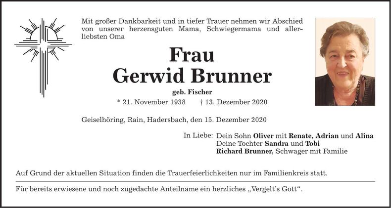 Traueranzeige Gerwid Brunner