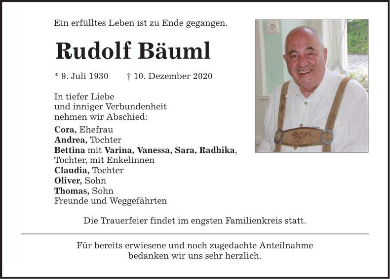 Traueranzeige Rudolf Bäuml