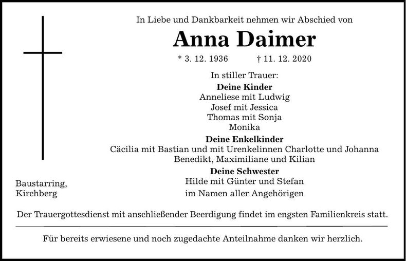 Traueranzeige Anna Daimer