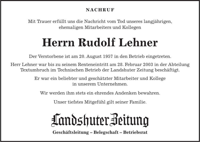 Traueranzeige Rudolf Lehner