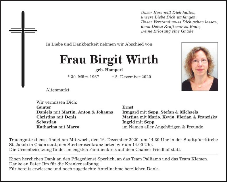 Traueranzeige Birgit Wirth