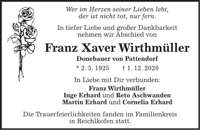 Traueranzeige Franz Xaver Wirthmüller