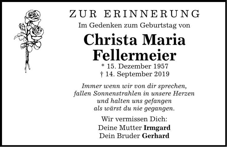 Traueranzeige Christa Maria Fellermeier