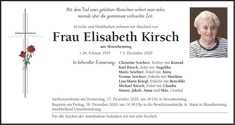 Traueranzeige Elisabeth Kirsch