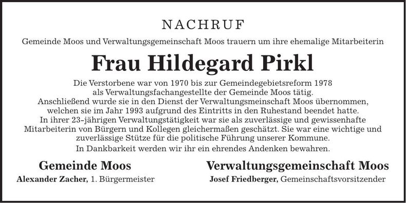 Traueranzeige Hildegard Pirkl
