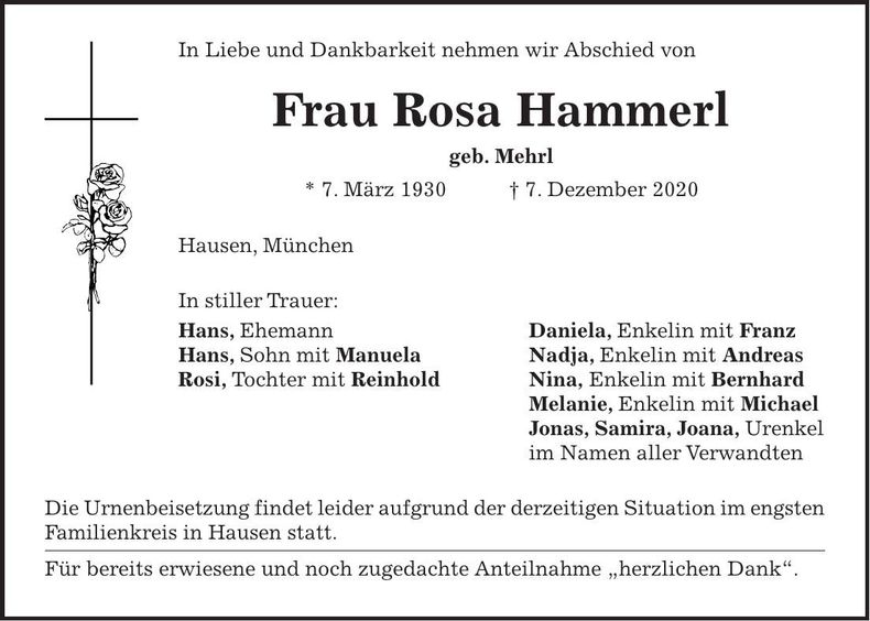 Traueranzeige Rosa Hammerl