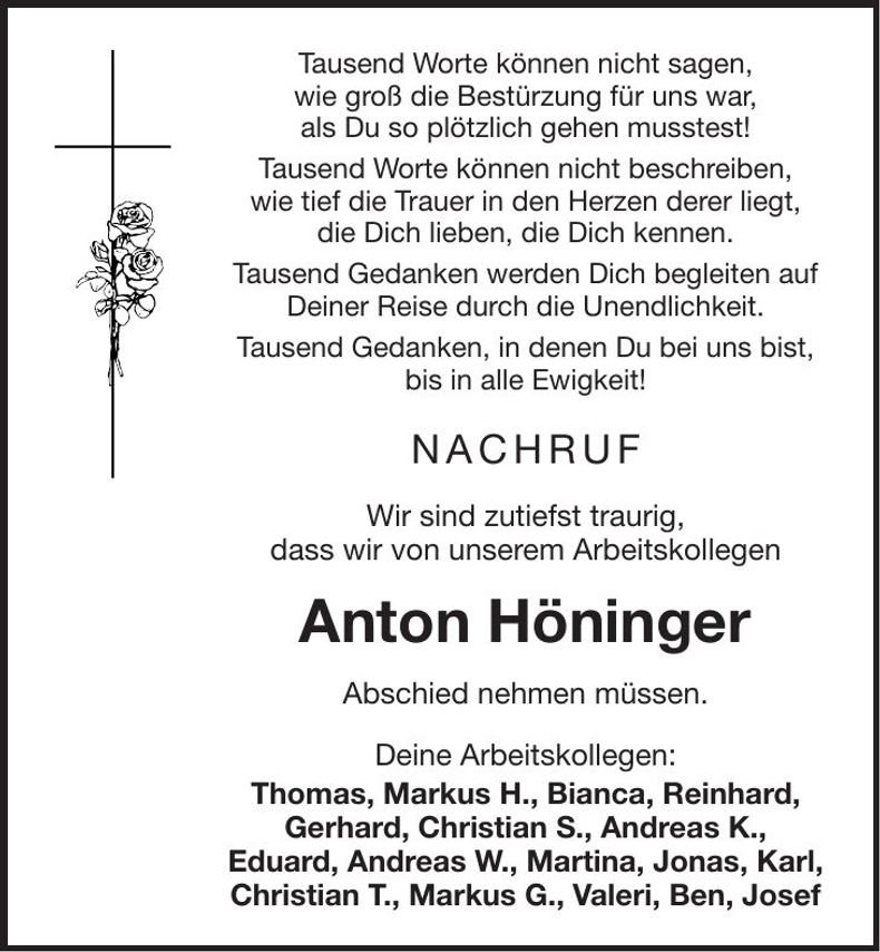 Traueranzeige Anton Höninger